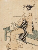 Utagawa Toyokuni I Japan Femme fumant sur un banc | Utagawa Toyokuni I, Lady smoking seated on a bench, Japan | 日本 歌川豊国 《八月》| Utagawa Toyokuni I, Lady smoking seated on a bench, Japan