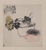 Wu Changshuo, Chrysanthemum and orchid, 1904 | 吳昌碩 《菊花菖蒲》 設色紙本 1904年作 立軸