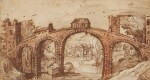 ATTRIBUTED TO JOOS DE MOMPER | A BRIDGE ACROSS A RIVER, WITH A TOWER AND A HILLY LANDSCAPE BEHIND