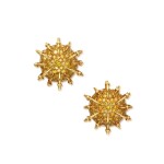 A Rare Pair of Gold and Colored Diamond 'Apollo' Earclips |  Schlumberger for Tiffany & Co.| 黃金配彩色鑽石 '阿波羅'耳環一對