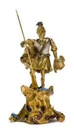 A German Silver-Gilt, Baroque Pearl, and Gem-Set Statuette of a Roman Warrior, 18th/19th Century