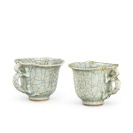 A pair of ge-type chilong-handled cups, Qing dynasty 清 仿哥釉龍耳盃一對