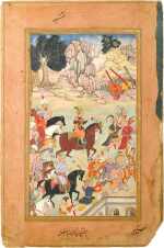 A folio from an Akbarnama, A prince on horseback with his entourage, India, circa 1595-1600   
