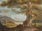 PAUL SANDBY, R.A. | An extensive pastoral landscape with figures and a horse beneath a tree, a riverside town in the middle distance