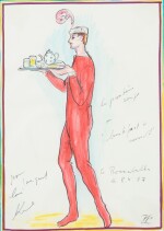 The red panther, Jacques de Bascher in a red costume carrying a breakfeast plate | La panthère rouge, Jacques de Bascher en costume rouge portant un plateau de petit déjeuner
