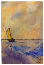 Gelber Segler unter hohem Abendhimmel (Yellow sailing boat under evening sky)