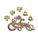 Six gold sheet-embellished bronze fittings 東周戰國 青銅貼金車馬飾五件 及 元或更早 青銅貼金龍形飾件一件