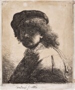 Self-Portrait in a Cap and Scarf with the Face Dark: Bust (Bartsch, Hollstein 17; New Hollstein 120; Hind 108)
