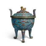 A champlevé enamel tripod censer and cover, Qing dynasty | 清 銅鏨胎琺瑯纏枝番蓮紋三足蓋爐