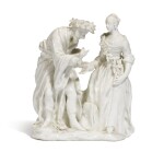 A Bow white porcelain group of a fortune teller, circa 1752