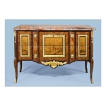 A LOUIS XV/XVI TRANSITIONAL GILT BRONZE-MOUNTED AMARANTH, TULIPWOOD AND MARQUETRY COMMODE, CIRCA 1770