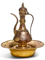 AN OTTOMAN GILT-COPPER (TOMBAK) LIDDED EWER, WITH ASSOCIATED BASIN AND FILTER, TURKEY, 18TH CENTURY 