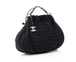 Grey wool interwoven with black leather and silver-tone metal shoulder bag