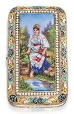 A SILVER-GILT CLOISONNÉ AND EN PLEIN PICTORIAL CIGARETTE CASE, POSSIBLY VASILY SEMENOV, MOSCOW, CIRCA 1890