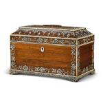 An Anglo-Indian ivory-inlaid silver-mounted rosewood tea caddy, Vizagapatam, third quarter 18th century