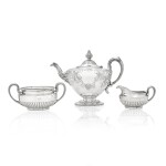 A composite George III and Victorian silver tea service, the sugar bowl and cream jug, William Burwash, London, 1814; the tea pot, Hayne & Carter, London, 1849