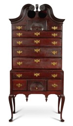 EXCEPTIONAL CHIPPENDALE CARVED CHERRYWOOD BONNET-TOP HIGH CHEST OF DRAWERS, COLCHESTER, CONNECTICUT, CIRCA 1775