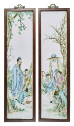 A set of two famille-rose 'figural' plaques signed Liu Xiren, Republic period | 民國 劉希任 (款) 粉彩「東籬採菊」、「雲林洗桐」圖瓷板一組兩件