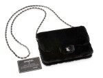 BLACK LAPIN FUR AND LEATHER WITH SILVER-TONE METAL WALLET ON CHAIN, CHANEL