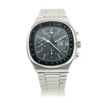Reference 176.0014 Speedmaster 'TV Dial' A stainless steel automatic cushion shaped chronograph wristwatch with day, date and bracelet, Circa 1979