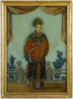 A Chinese school reverse glass painting of a seated dignitary and a piebald horse, 19th century