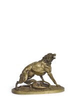 Wolf caught in a trap: a small gilt-bronze figure, after the model by Nikolai Ivanovich Lieberich (1828-1883), cast by Woerffel Foundry, St Petersburg