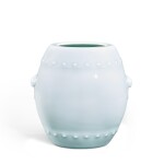 A celadon-glazed drum-shaped vase, Seal mark and period of Yongzheng | 清雍正 粉青釉鋪首耳鼓式罐 《大清雍正年製》款