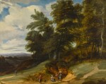 A wooded landscape with peasants resting