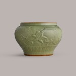 A Longquan celadon 'lotus' jar Yuan dynasty | 元 龍泉青釉花卉紋大罐