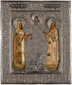 An icon of the two Metropolitans of Moscow, in a silver-gilt oklad, Mikhail Chein, Moscow, 1865
