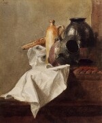 Still life with a bottle, a jug and a napkin