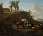 WILLEM ROMEYN | Cattle and sheep with peasants and ancient ruins beyond