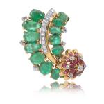 Emerald, ruby and diamond brooch, 1950s