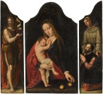 A triptych: The Virgin and Child (central panel); Saint John the Baptist (left wing); a monastic saint with a donor (right wing); the wings' reverses with a skull and a coat-of-arms depicting a red bull