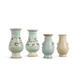 A group of four vases, Yuan dynasty | 元 青白釉透雕蓮紋小瓶兩件 青白釉鋪首小瓶 及 白釉鋪首小瓶