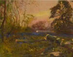 SIR ALFRED JAMES MUNNINGS, P.R.A., R.W.S. | WOODLAND LANDSCAPE AT SUNSET