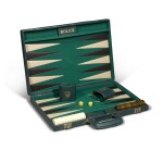 GREEN LEATHER BACKGAMMON SET COMPLETE WITH TWO LEATHER CUPS, CHECKERS AND DICE CIRCA 1960