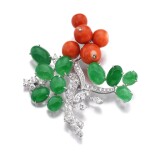 Jadeite, coral and diamond brooch | 翡翠配珊瑚及鑽石別針