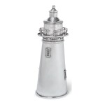 AN AMERICAN SILVER-PLATED LIGHTHOUSE COCKTAIL SHAKER WITH MUSIC BOX, INTERNATIONAL SILVER CO., MERIDEN, CT, 1927-29