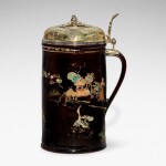An extremely rare Böttger enamelled and gilt black-glazed red stoneware tankard, with silver-gilt mount, Circa 1711-15, the mounts Abraham III Warnberger, Augsburg, 1732-34