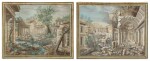 PIERRE NICOLAS LEGRAND DE LÉRANT | A PAIR OF CLASSICAL SCENES WITH FIGURES AMONG RUINS: A) A RUINED PALATIAL HALL IN A CITY SACKED BY TURKS (RECTO); A PLAN OF THE BUILDING WITH STUDIES OF FIGURES (VERSO) B) A CAPRICCIO OF CLASSICAL RUINS WITH TURKS BY A POOL IN THE FOREGROUND