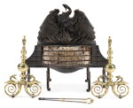 A SET OF GILT-BRASS AND CAST IRON FIRE GRATE AND ANDIRONS, 19TH CENTURY 