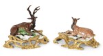 A PAIR OF FRENCH GILT-BRONZE MOUNTED PORCELAIN MODELS OF A STAG AND DOE, CIRCA 1890, THE PORCELAIN PROBABLY SAMSON, PARIS; THE MOUNTS IN LOUIS XV STYLE