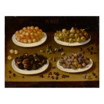 SPANISH SCHOOL, 17TH CENTURY | AN ALLEGORICAL STILL LIFE OF JUNE, WITH PLATES OF APRICOTS, PEARS, FIGS, AND PLUMS, AND ALMONDS AND CHERRIES SCATTERED ON THE TABLE
