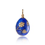 A Fabergé jewelled gold-mounted guilloché enamel egg pendant, workmaster August Hollming, St Petersburg, 1899-1903