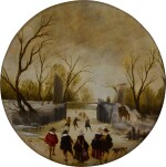 Winter landscape with elegant figures on a frozen waterway