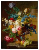 Still Life of roses, peonies, tulips, narcissus, and other flowers in a terracotta vase, with grapes and a peach
