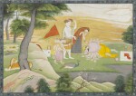 An illustration from an Usha-Aniruddha series: one thousand-armed Banasura worshipping Shiva and Parvati, India, Chamba or Guler, circa 1770-80, attributed to a Master of the First Generation After Manaku and Nainsukh