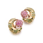 Pair of peridot and pink sapphire ear clips, circa 1965