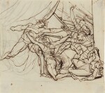 A naked warrior repelling soldiers at the entrance to a tent, one woman interceding, another collapsing, manacled to a post